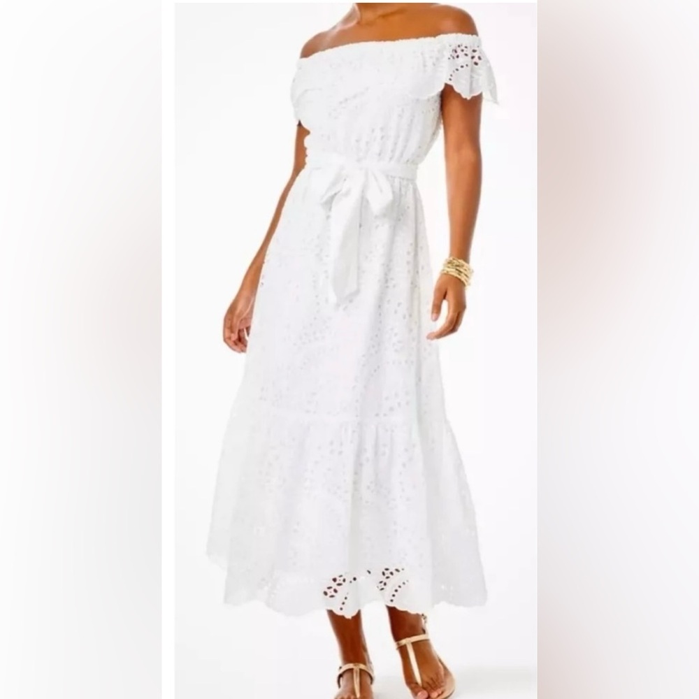 NWOT LILLY PULITZER Geri Off-The-Shoulder Midi Dress in White Sz S $348